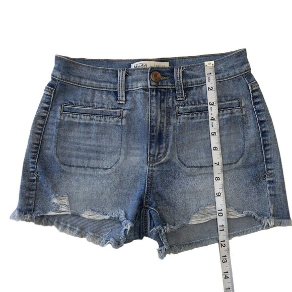 Mudd FLX Distressed Denim Jean Shortie Junior SZ 3 Blue Frayed Hem High Rise - Picture 9 of 10